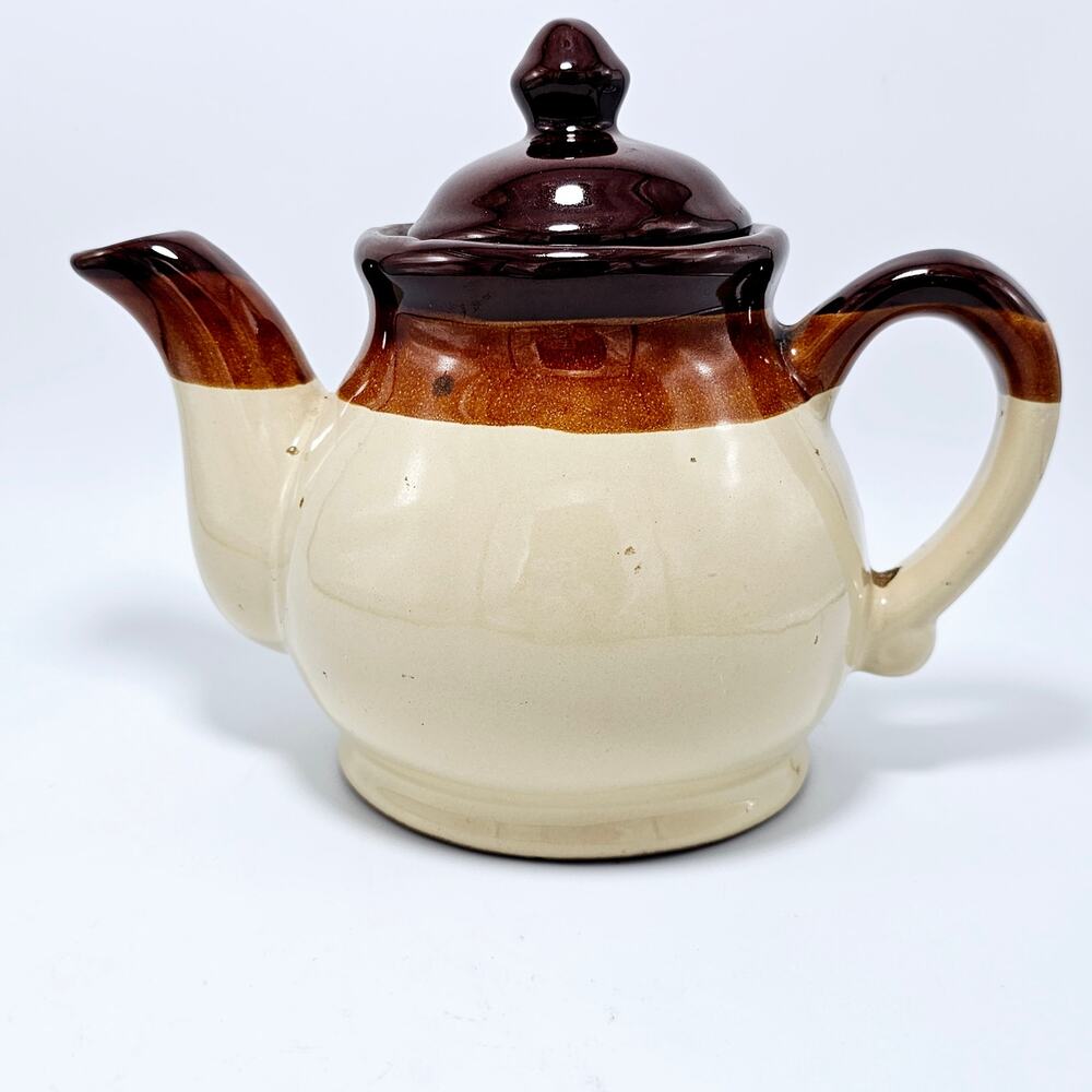 Vintage Teapot With Lid  Ceramic Stoneware Brown Tan Beige 6" x 7"